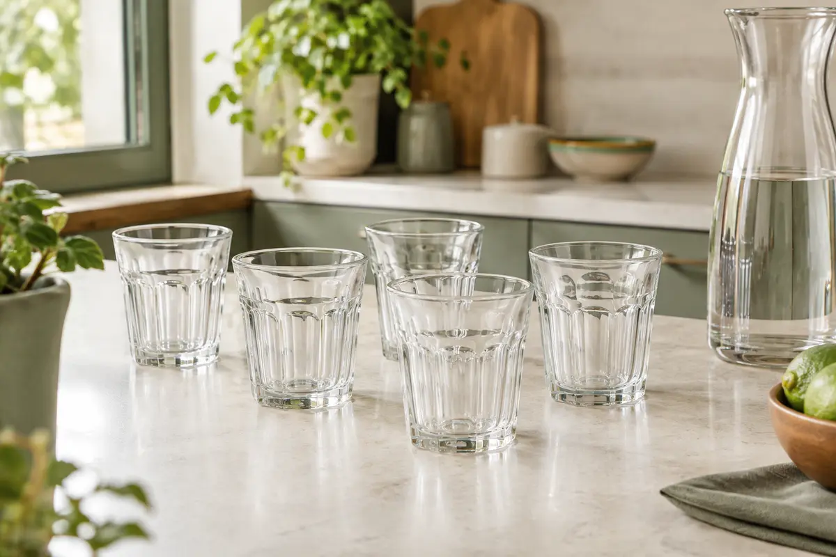 Six verres Picardie transparents en verre trempé réunis sur un plan de travail clair dans une cuisine lumineuse.