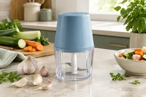 Mini-hachoir électrique bleu avec bol compact et lame en acier inoxydable sur un plan de travail clair