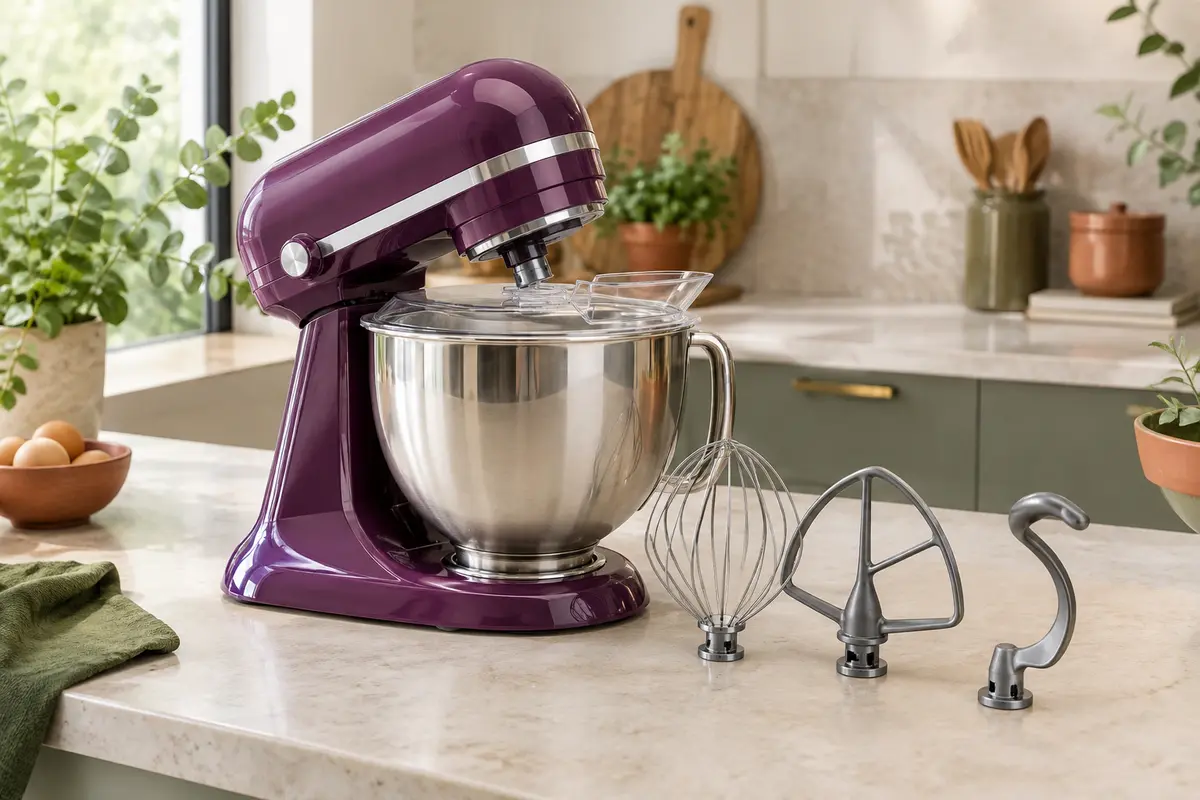 Robot pâtissier pourpre à bol en acier inoxydable, avec tête inclinable et accessoires sur un plan de travail clair.