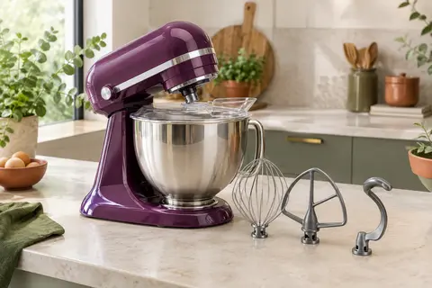 Robot pâtissier pourpre à bol en acier inoxydable, avec tête inclinable et accessoires sur un plan de travail clair.