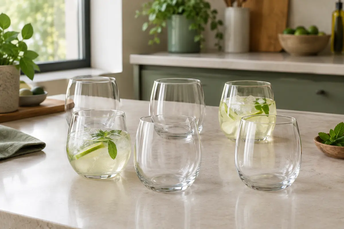 Lot de six verres transparents de 430 ml disposés sur un plan de travail clair dans une cuisine lumineuse.