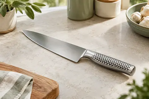 Couteau de chef Global G-2 argenté posé sur une planche en bois dans une cuisine lumineuse.