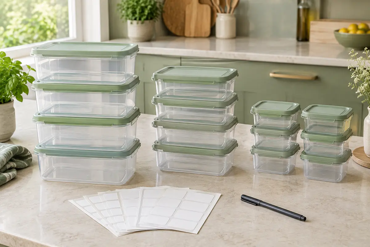 Boîtes alimentaires GoMaihe en trois formats, avec couvercles, étiquettes et stylo sur un plan de cuisine