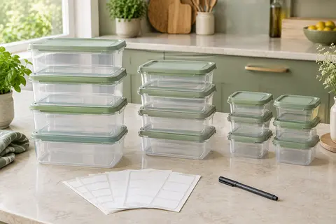 Boîtes alimentaires GoMaihe en trois formats, avec couvercles, étiquettes et stylo sur un plan de cuisine