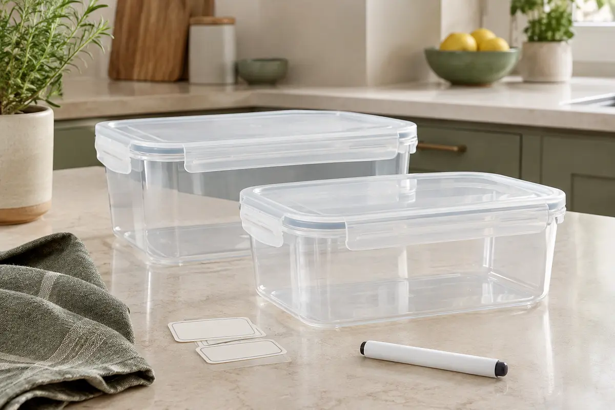 Deux boîtes alimentaires transparentes à clips avec étiquettes et marqueur sur un plan de travail clair.