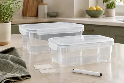 Deux boîtes alimentaires transparentes à clips avec étiquettes et marqueur sur un plan de travail clair.