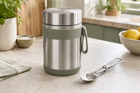 Lunch box isotherme grise en inox avec couvercle bol et cuillère pliable posés à côté