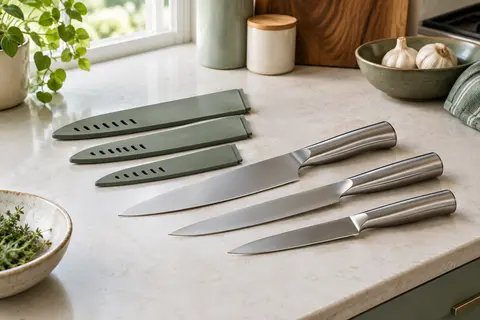 Trois couteaux de cuisine Hecef en acier inoxydable avec leurs étuis, posés sur un plan de travail clair.