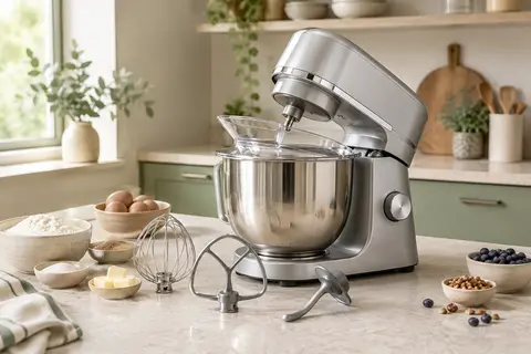 Robot pâtissier Homlee argenté avec bol en inox et accessoires, posé sur un plan de travail clair.