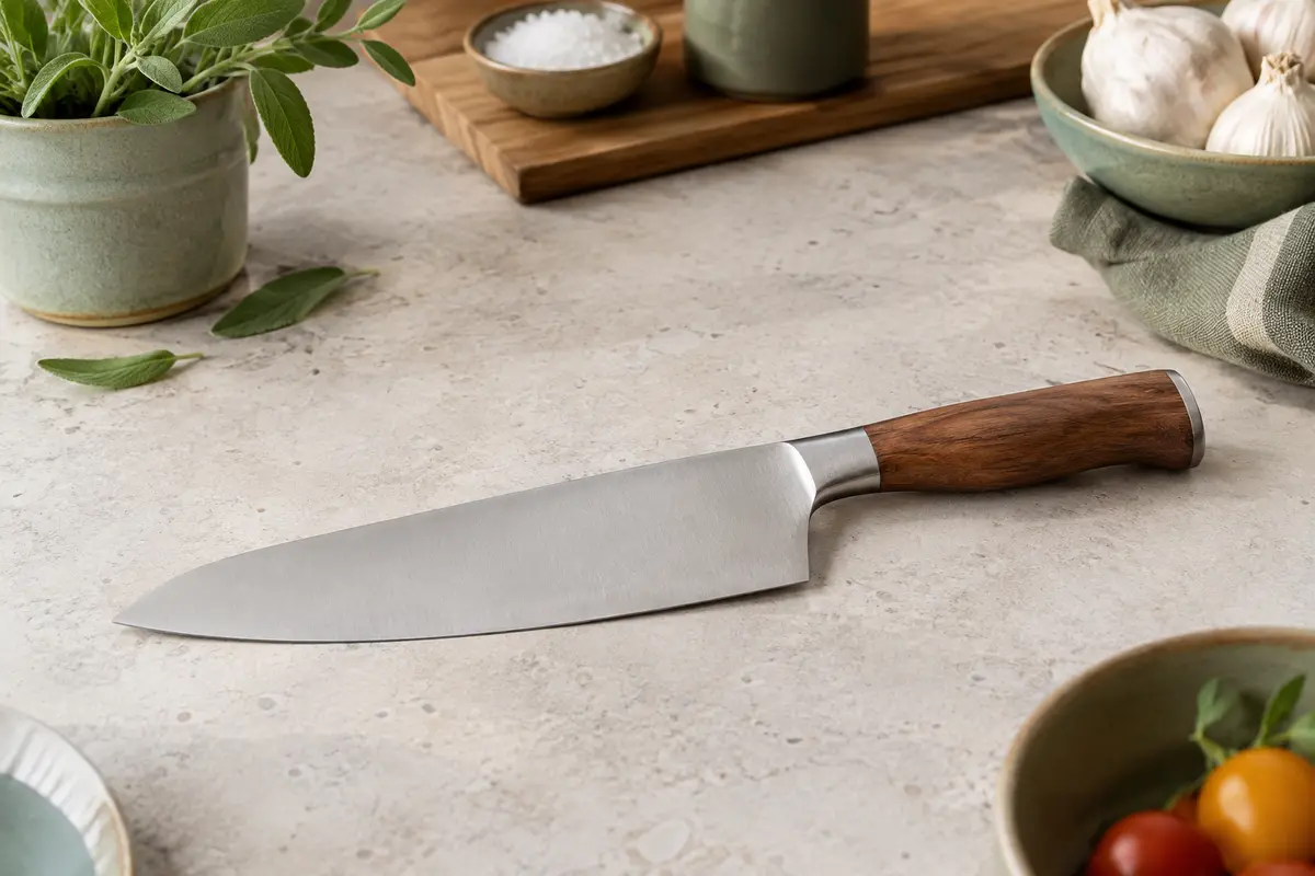 Couteau de chef Hoshanho à lame mate argentée de 20 cm et manche incurvé en bois, posé sur un plan clair.