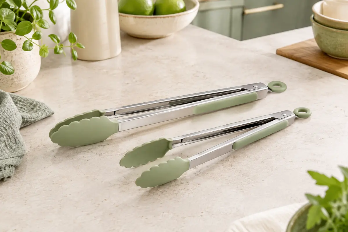 Deux pinces de cuisine en acier inoxydable poli avec poignées et embouts en silicone vert clair
