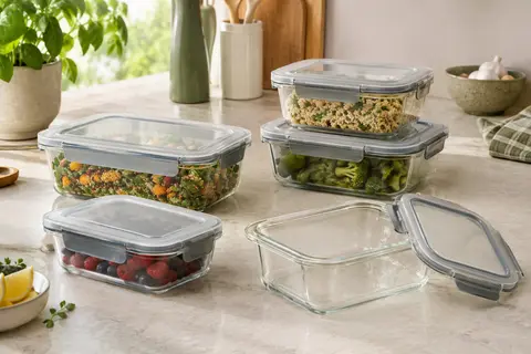 Boîtes alimentaires en verre transparent avec couvercles à joints gris, disposées sur un plan de travail clair.