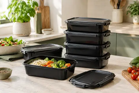 Boîtes repas rectangulaires noires empilables, dont une ouverte avec un repas dans son compartiment unique