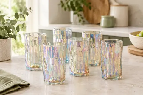 Lot de six verres Joeyan en verre transparent, à relief décoratif et reflets irisés