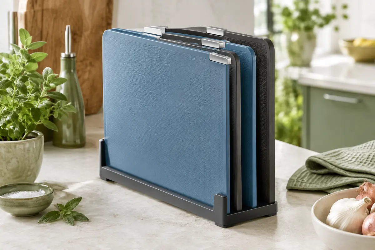 Quatre planches à découper bleu et graphite rangées verticalement dans leur étui compact sur un plan de travail clair.