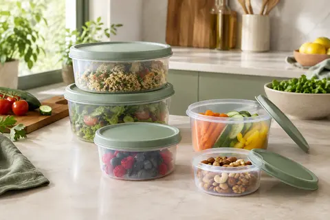 Boîtes alimentaires rondes transparentes en deux formats, accompagnées de leurs couvercles sur un plan de travail clair.