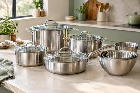 Batterie de cuisine en inox avec faitouts, sauteuse à couvercle en verre et bols assortis