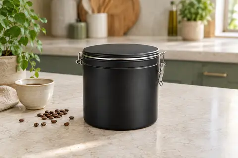 Boîte ronde noire en acier inoxydable avec couvercle, posée sur un plan de travail près de grains de café.