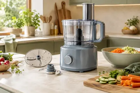 Robot multifonction compact gris bleu avec bol et accessoires en acier inoxydable sur un plan de travail clair