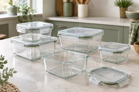 Ensemble de boîtes carrées en verre transparent avec couvercles à quatre loquets, en plusieurs formats
