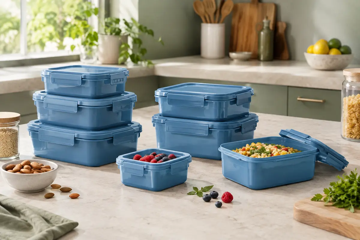 Ensemble de boîtes alimentaires rectangulaires bleues avec couvercles à clips sur un plan de travail clair
