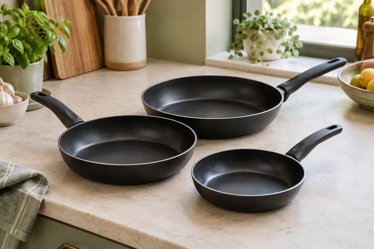 Trois poêles antiadhésives noires en aluminium, de diamètres différents, posées sur un plan de travail clair.