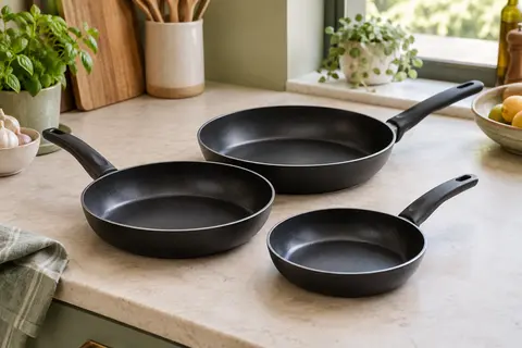 Trois poêles antiadhésives noires en aluminium, de diamètres différents, posées sur un plan de travail clair.