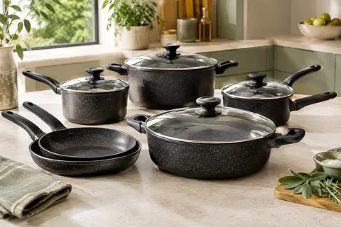 Batterie de cuisine noire avec poêles, casseroles, couvercles en verre et ustensiles en silicone