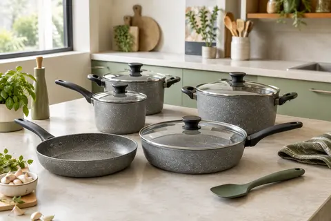 Batterie de cuisine grise Kitchen Academy avec poêles, casseroles et couvercles en verre