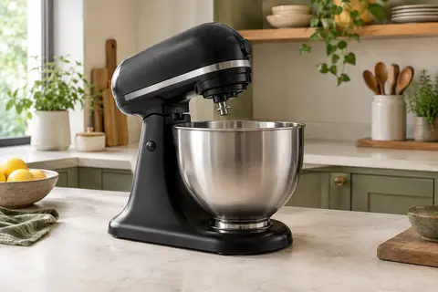 Robot pâtissier noir à tête inclinable avec bol inox posé sur un plan de travail clair