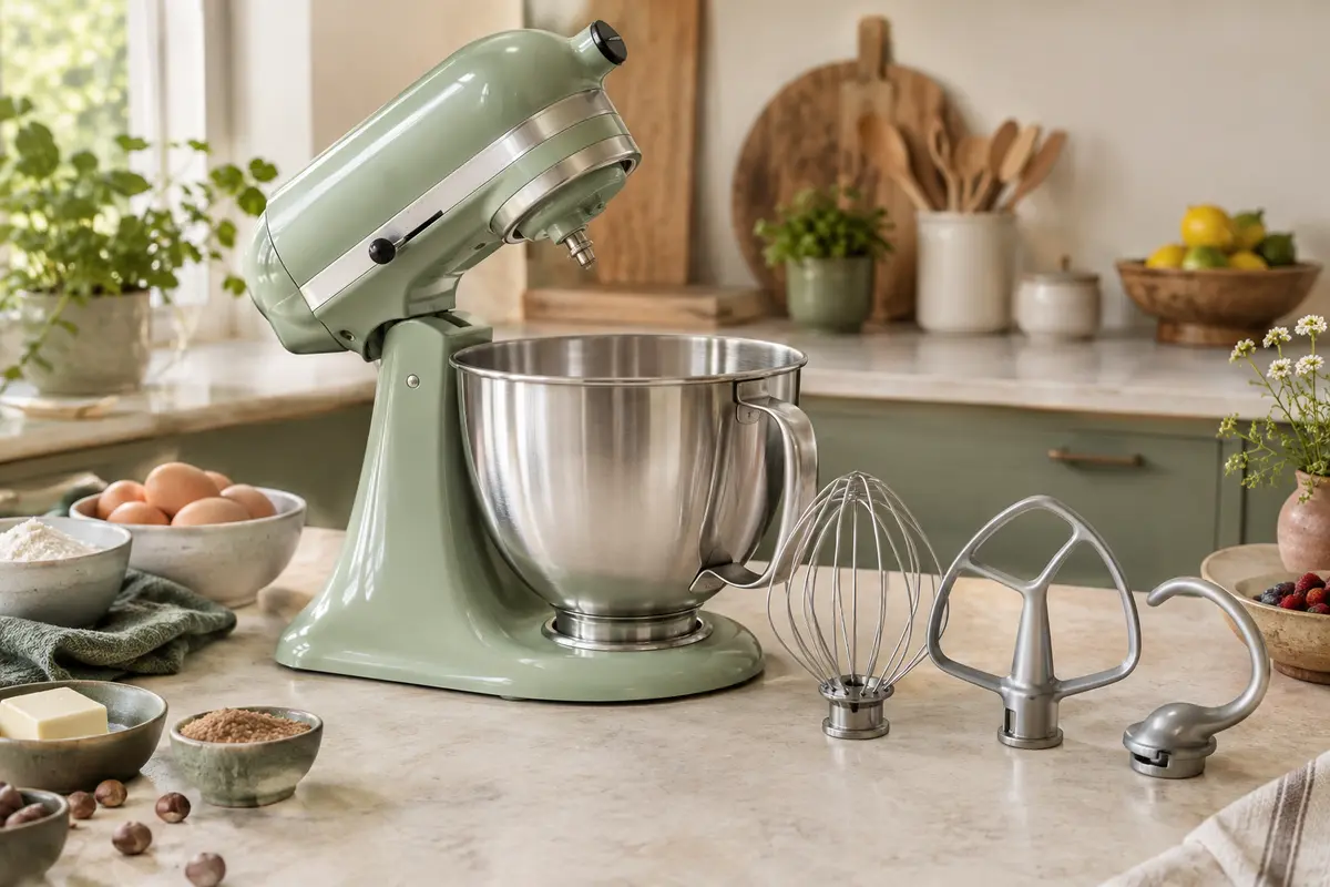 Robot pâtissier pistache à tête inclinable avec bol inox et accessoires sur un plan de travail clair