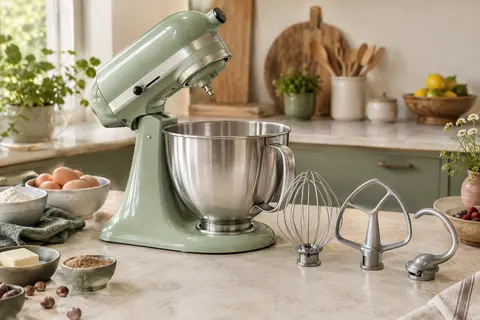 Robot pâtissier pistache à tête inclinable avec bol inox et accessoires sur un plan de travail clair