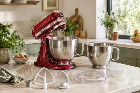 Robot pâtissier rouge empire à tête inclinable, deux bols inox et accessoires sur un plan de travail clair.
