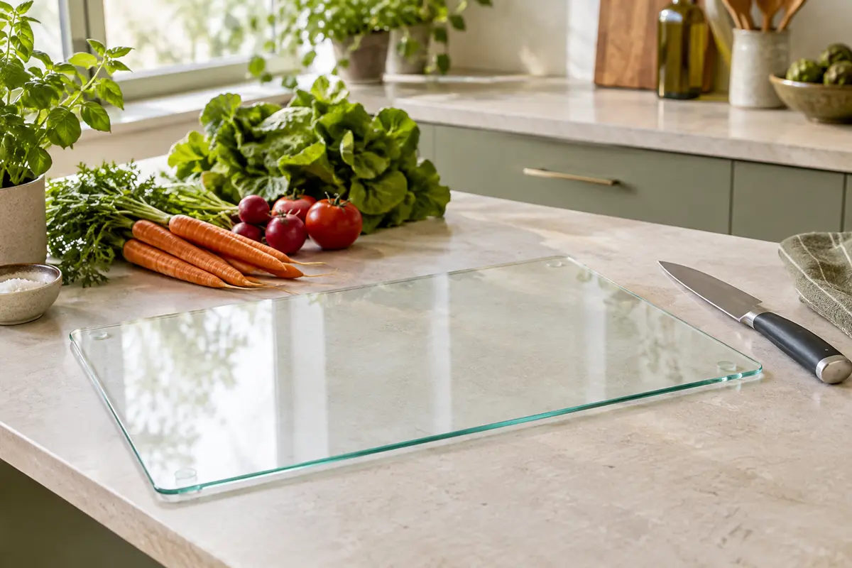 Planche à découper rectangulaire en verre transparent avec pieds en silicone sur un plan de travail clair.