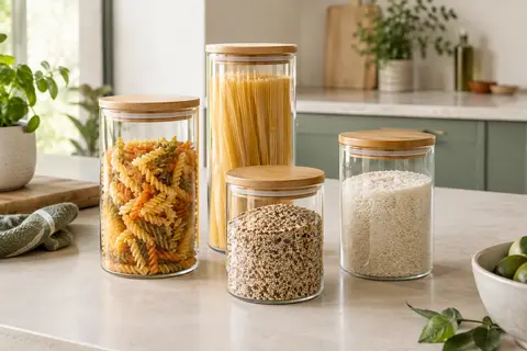 Quatre bocaux transparents en verre borosilicate avec couvercles en bambou posés sur un plan de travail