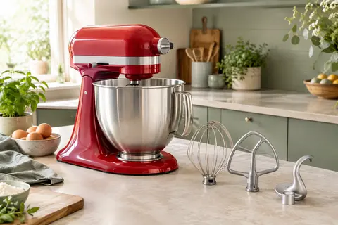 Robot pâtissier Klarstein rouge avec bol en acier inoxydable sur un plan de travail clair.