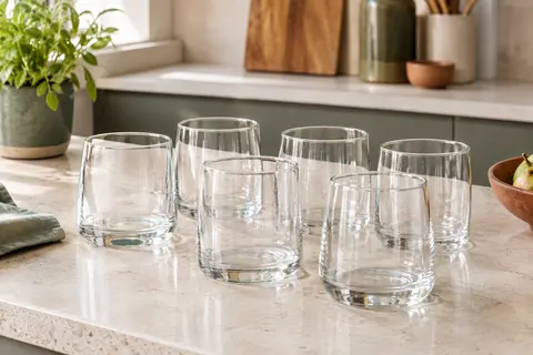 Lot de six verres Krosno transparents à la forme conique, disposés sur un plan de travail clair.