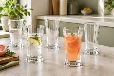 Lot de six verres transparents Krosno Splendour à forme conique et fond évasé sur un plan de travail clair