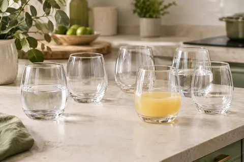 Six verres transparents Krosno Elite à la forme tonneau, disposés sur un plan de travail clair.
