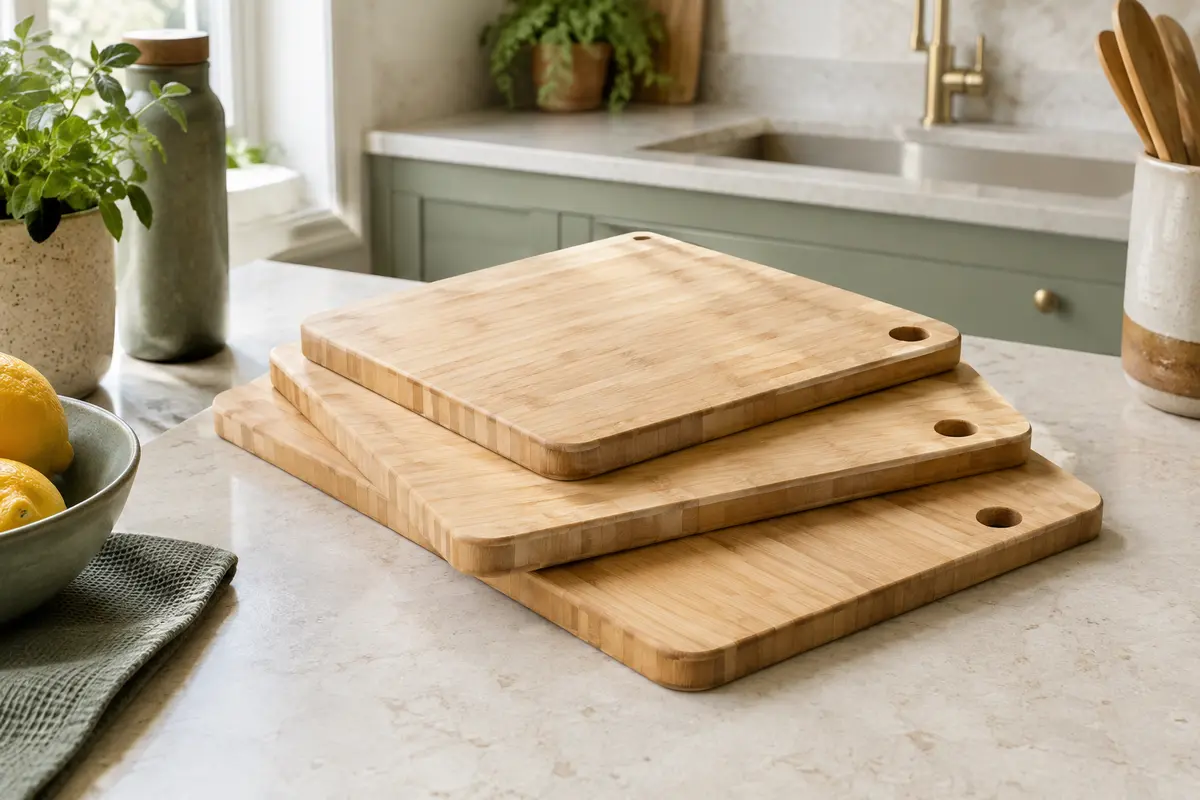 Trois planches à découper rectangulaires en bambou naturel, de formats différents et aux bords épais.