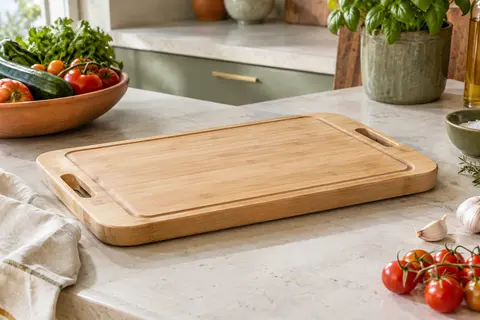 Planche à découper rectangulaire en bambou clair avec poignées intégrées et rainure à jus