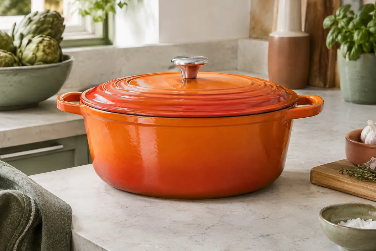 Cocotte ovale en fonte émaillée volcanique avec couvercle et bouton en inox, posée sur un plan de travail clair.
