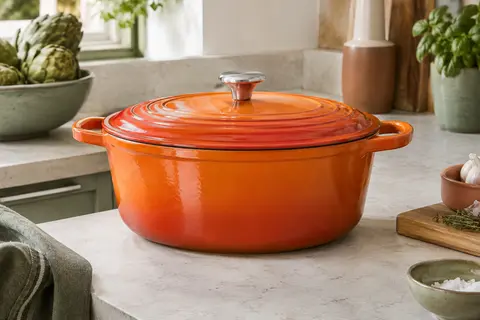 Cocotte ovale en fonte émaillée volcanique avec couvercle et bouton en inox, posée sur un plan de travail clair.
