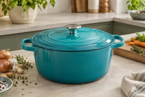 Cocotte ronde en fonte émaillée bleu Caraïbes avec couvercle, posée sur un plan de travail clair.