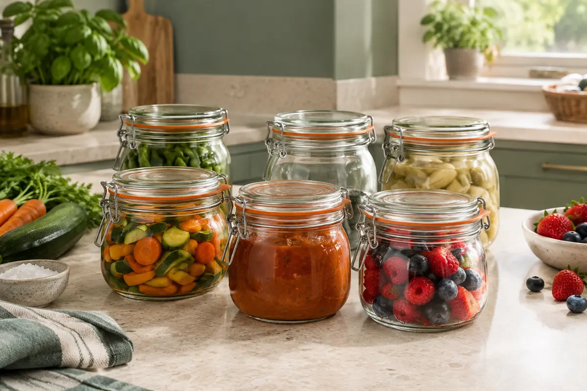 Six bocaux Le Parfait en verre transparent avec fermeture métallique à clip et rondelles orange