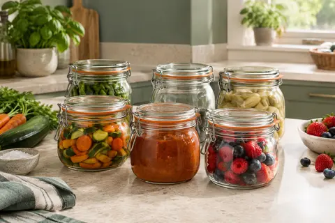 Six bocaux Le Parfait en verre transparent avec fermeture métallique à clip et rondelles orange