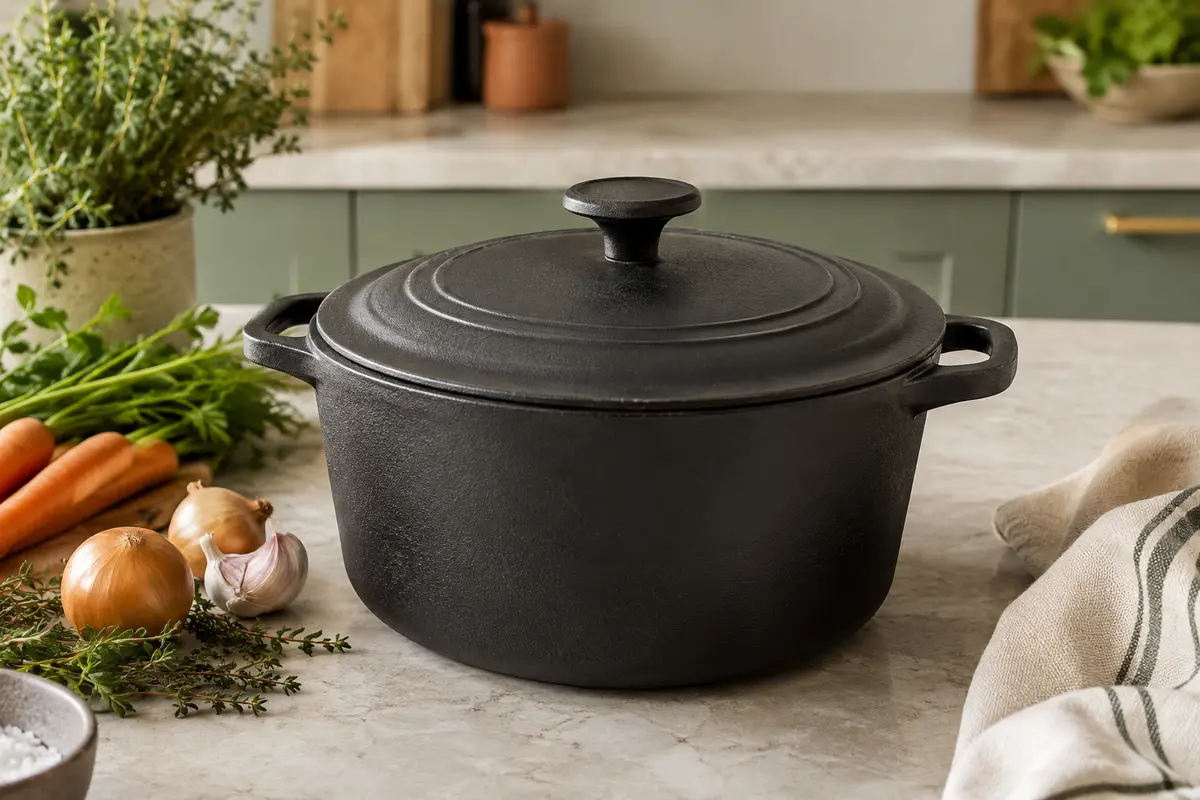 Cocotte ronde noire en fonte avec couvercle, posée sur un plan de travail en pierre claire.