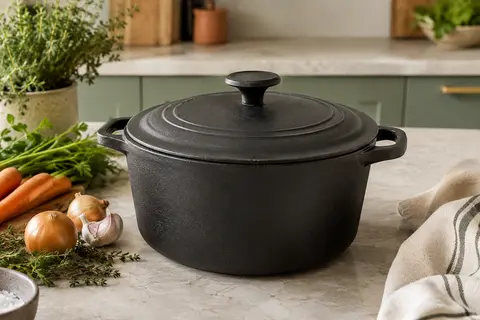 Cocotte ronde noire en fonte avec couvercle, posée sur un plan de travail en pierre claire.