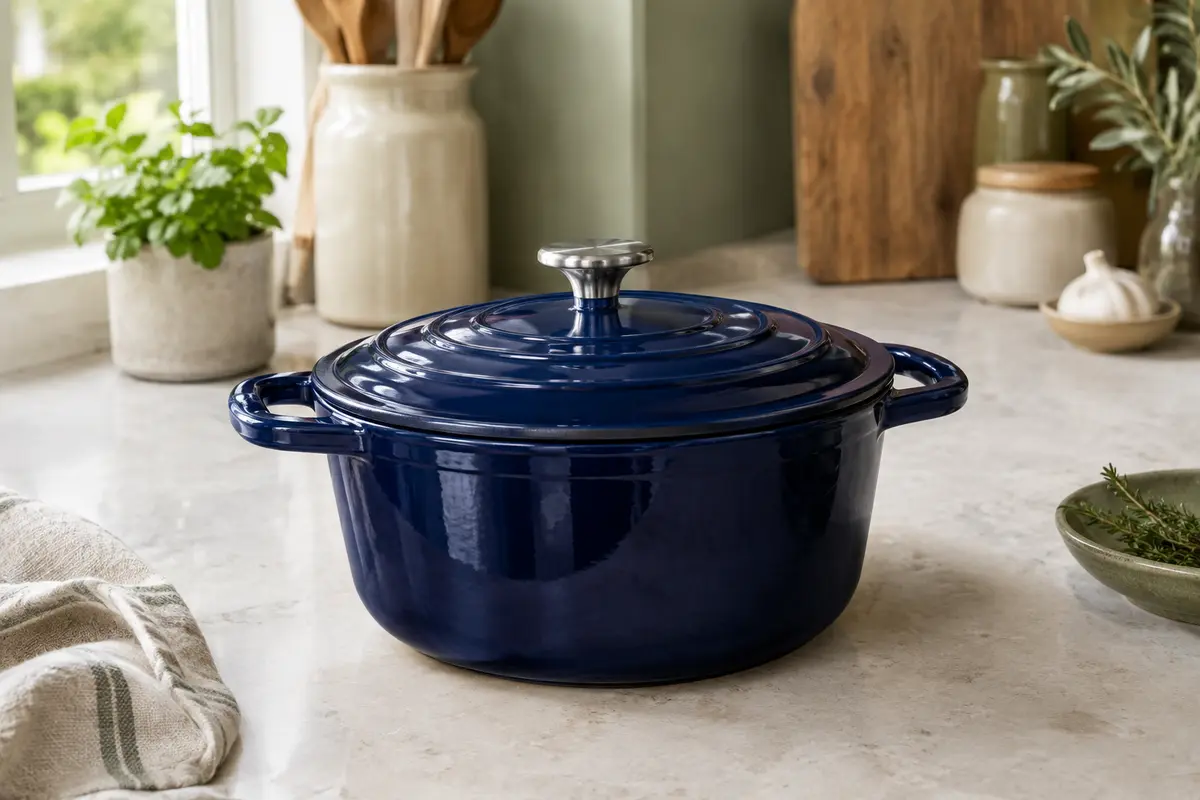 Cocotte ronde Lodge en fonte émaillée indigo, avec couvercle et bouton en acier, sur un plan de travail clair.