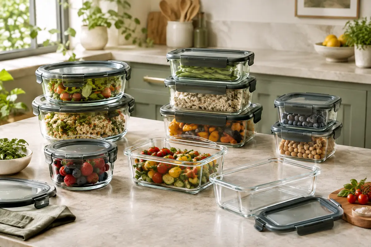 Boîtes alimentaires transparentes en verre borosilicate avec couvercles noirs, présentées en plusieurs formats